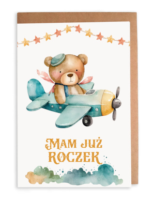 Kartka na roczek z MISIEM W SAMOLOCIE "Mam już roczek"